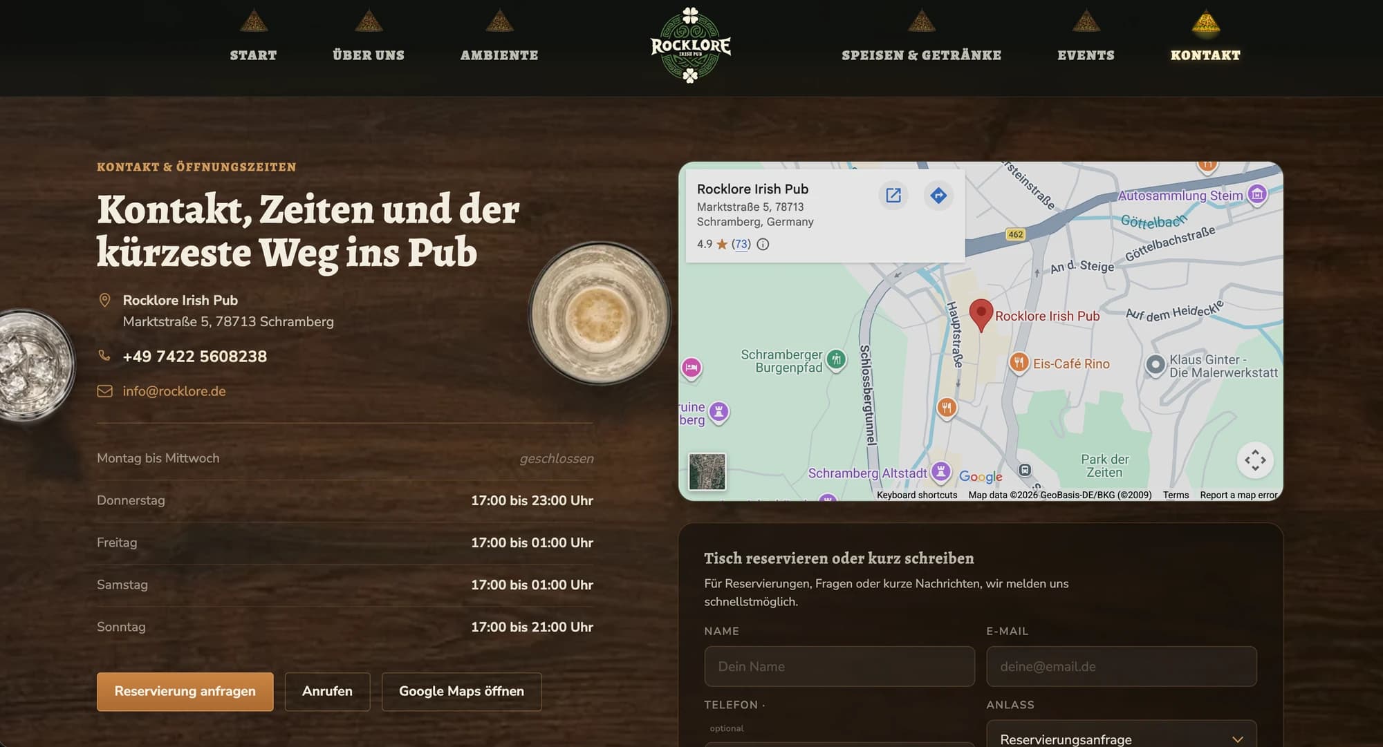 Kontaktbereich der Rocklore Website mit Öffnungszeiten