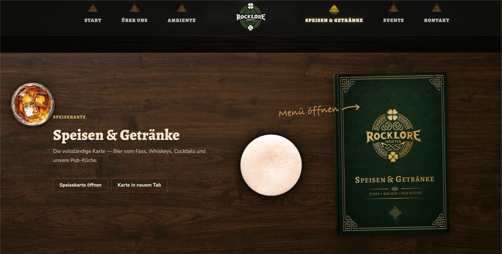 Rocklore Speisekarte mit grünem Menübuch
