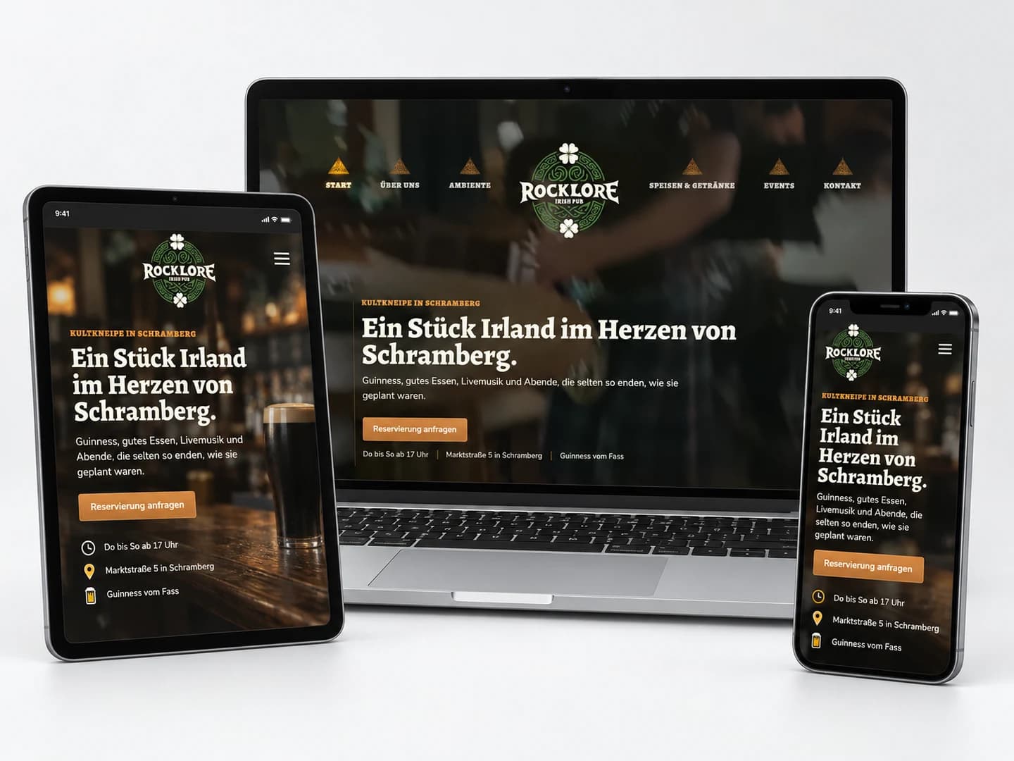 Rocklore Website als Geräte-Mockup auf Laptop, Tablet und Smartphone