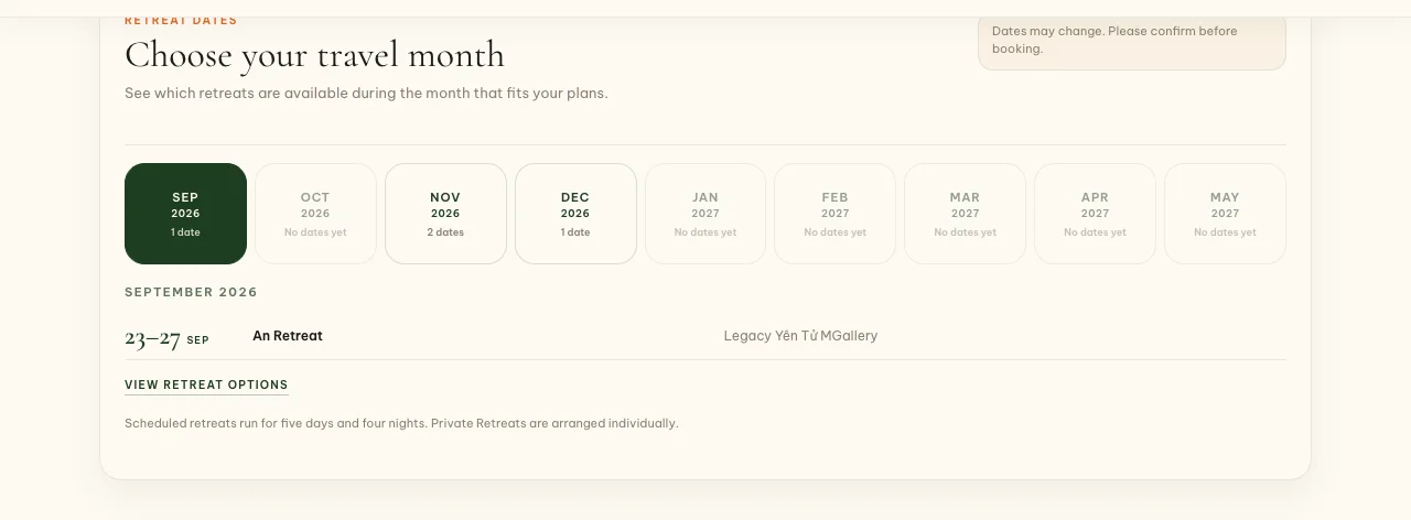 Vietnam Detox retreat overview page showing real availability by month