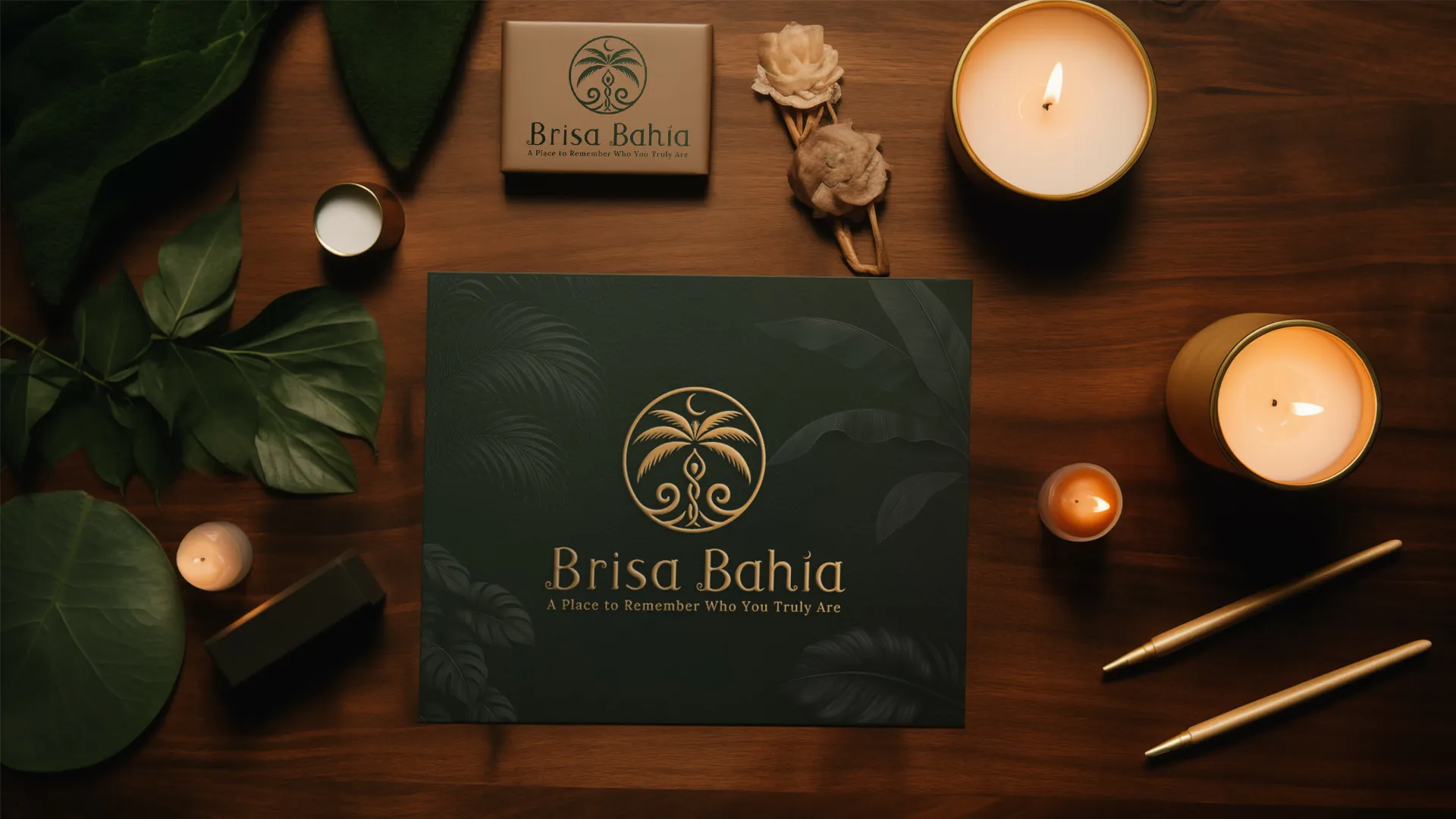 Brisa Bahía logo mockup with natural leaf shadow overlay